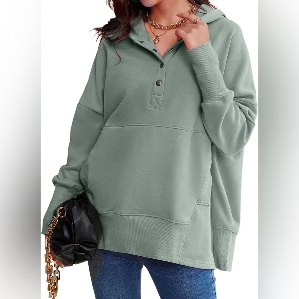 Oversized Hooded Sweatshirt Batwing Sleeve Pocketed Henley Hoodie - Picture 2 of 5